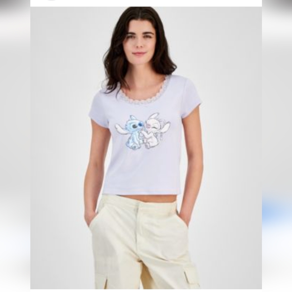 💖 Lilo & Stitch T-Shirt Purple Lilac Baby Tee Juniors Cartoon Character Disney